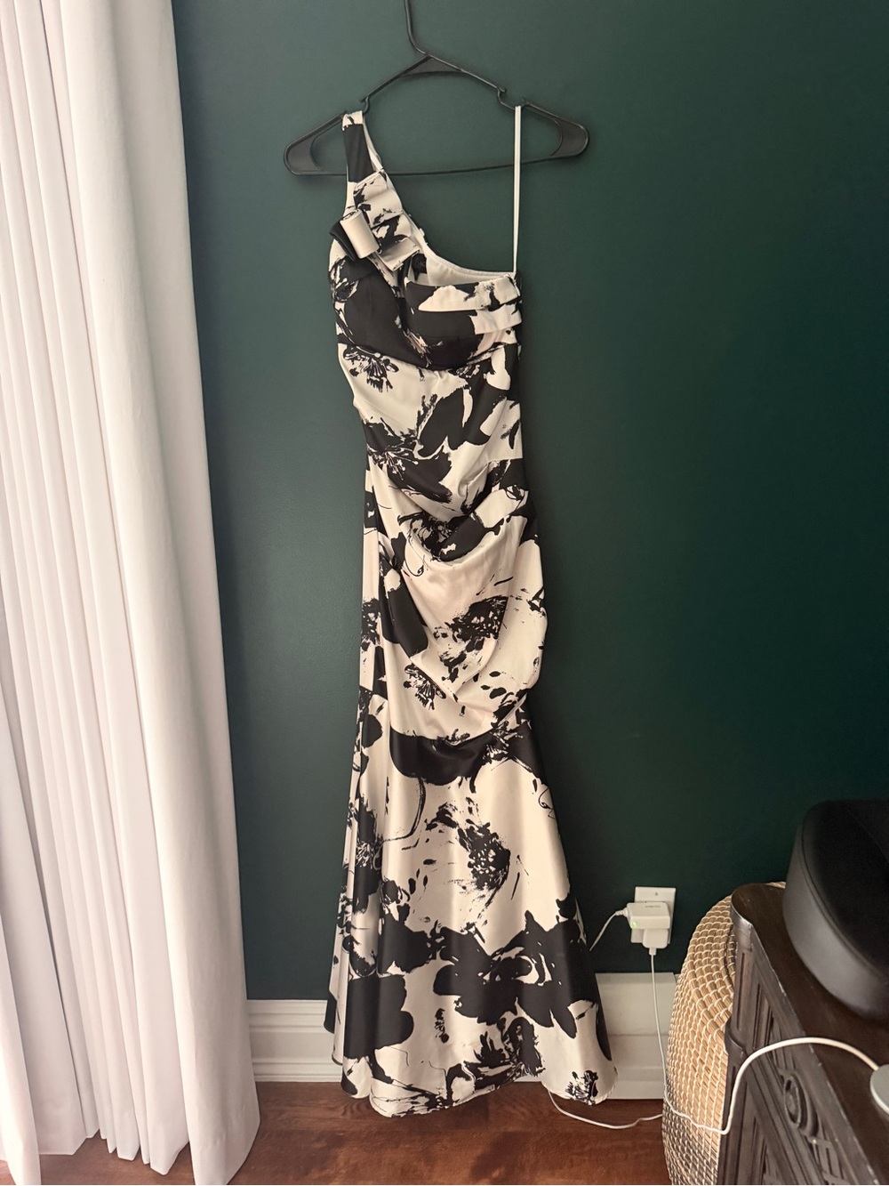 Betsy & Adam Black and White One-Shoulder Floral Gown